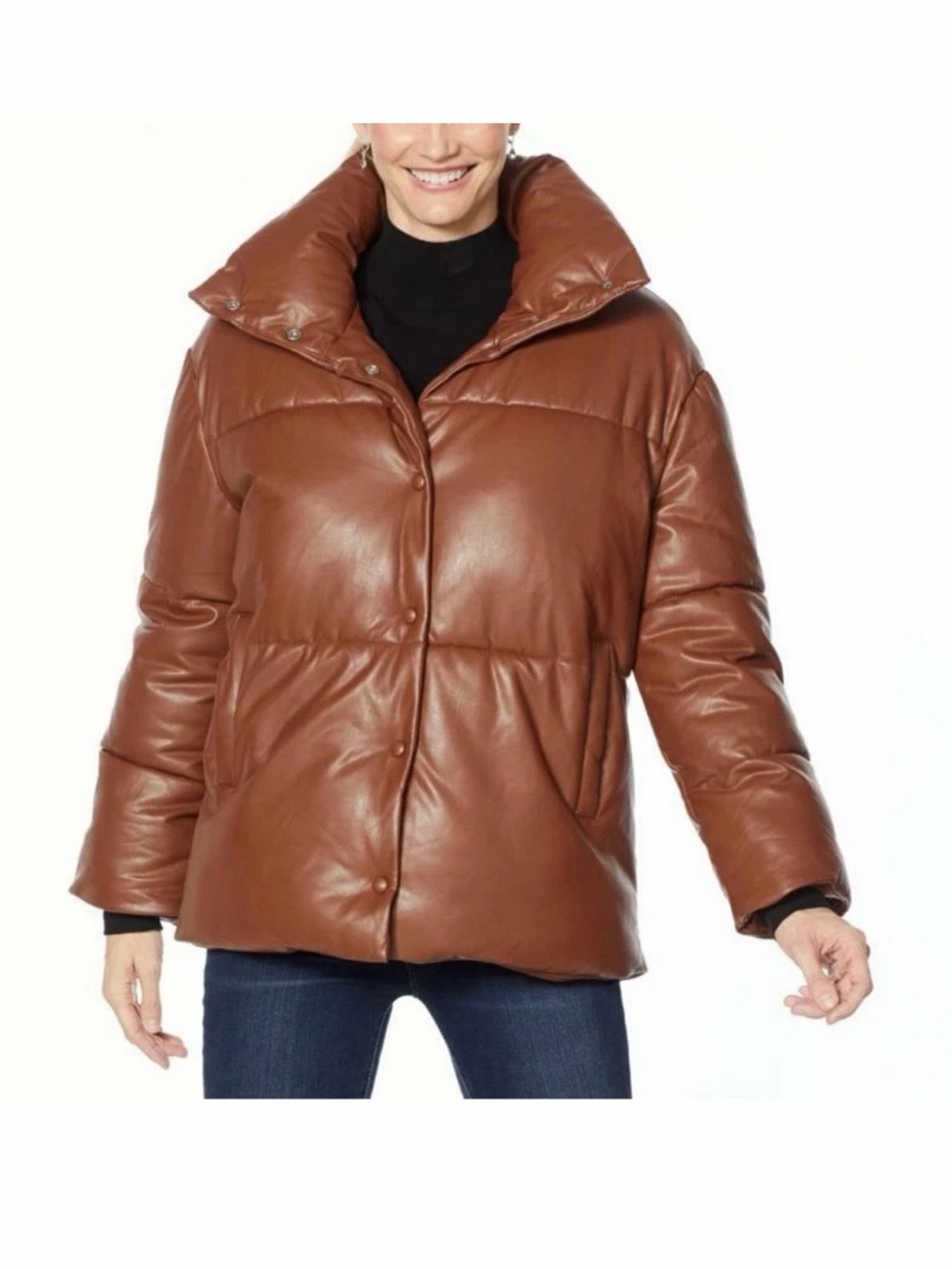 Avec Les Filles Cognac Brown Faux Leather Puffer Jacket